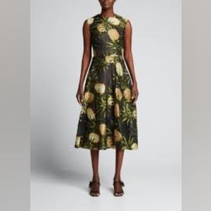◇$6,290 NEW 2022 OSCAR DE LA RENTA PINEAPPLE BLACK MULTI MIDI DRESS 10 L